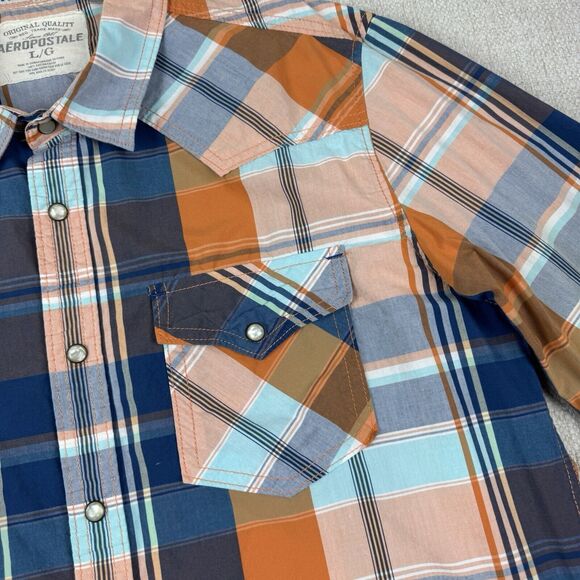 Aeropostale Mens Large Plaid Shirt Western Pearl Snap Button Long Sleeve Orange - Picture 4 of 16